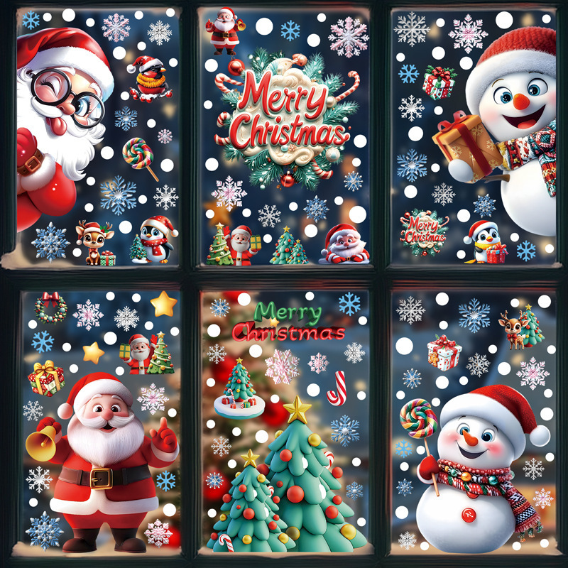 新しいクリスマスステッカー立体雪片雪だるまウィンドウステッカーサンタツリーギフト PVC 静電ガラスステッカー|undefined