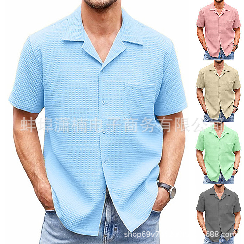 2023 New Men's Summer Suit Collar Solid Color Short Sleeve Waffle Men's Shirt