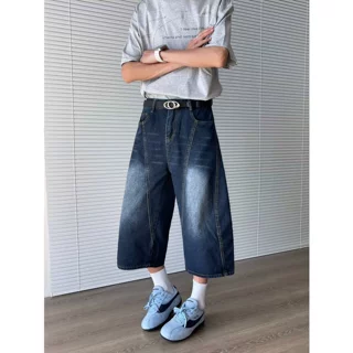 2025美式复古字母刺绣弯刀牛仔七分裤男女休闲宽松阔腿短裤子潮
