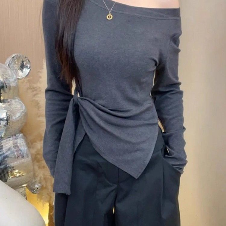 大码韩系条纹不规则开叉斜肩长袖T恤女春秋新款胖mm收腰显瘦上衣|undefined