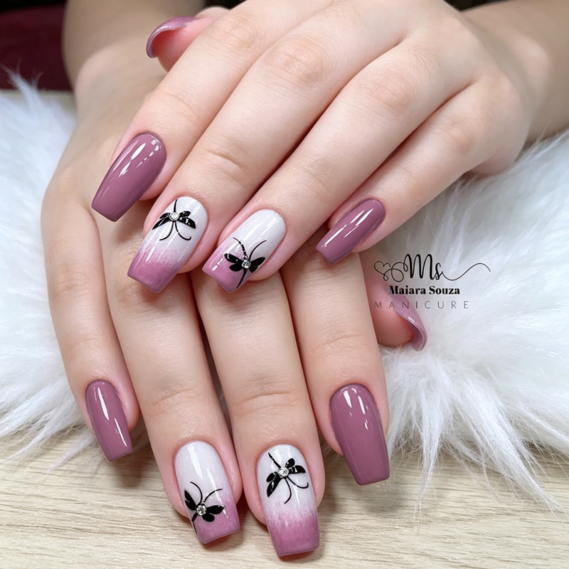 Hot-Selling Foreign Trade Model: 24-Piece Nail Art with Purple and White Gradient, Summer Dragonfly Design, Gentle Medium-Long Rectangular Press-On Nails Wholesale Hot-Selling Foreign Trade Model: 24-Piece Nail Art with Purple and White Gradient, Summer Dragonfly Design, Gentle Medium-Long Rectangular Press-On Nails Wholesale