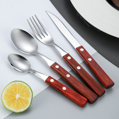 Wholesale 304 stainless steel knife, fork and spoon four-piece set Japanese-style Western tableware rosewood handle steak knife, fork and spoon set