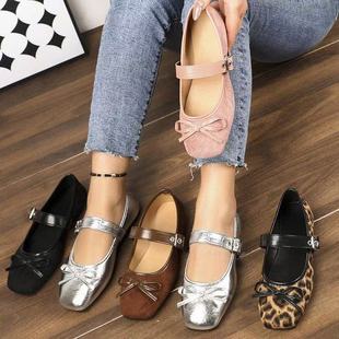 European and American Export Large Size Square Toe Flats Shoes for Women 2025 New Bow French Evening Style Mary Jane Women's Shoes