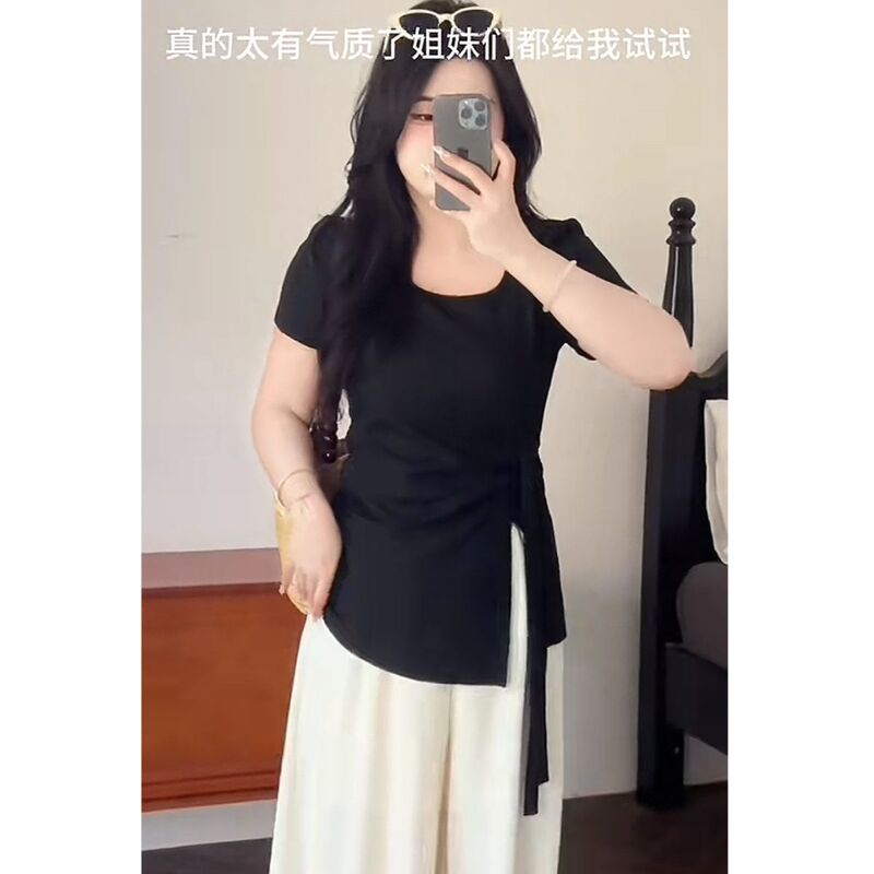 外国貿易卸売夏の半袖新しいウエスト Tシャツスリムスクエアカラーデザインニッチ不規則なトップ Tシャツ女性用|undefined