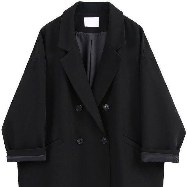 Áo blazer nữ dáng rộng cổ vest tay dài phong cách thanh lịch — quần kaki, đen, Bông đen, Kaki và bông