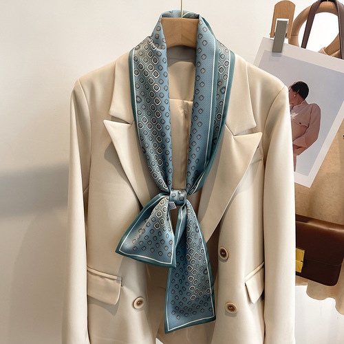 Green small silk scarf for women, Korean small scarf, long spring, autumn and summer, thin, fashionable and narrow, long strip with shirt