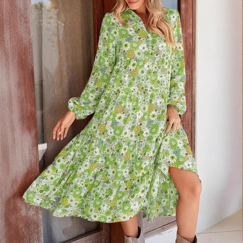Casual Loose Fitting Bohemian Floral V Neck Dress Long Sleeved Puff Sleeve Women's Clothing New Spring Summer_ecoleips.com