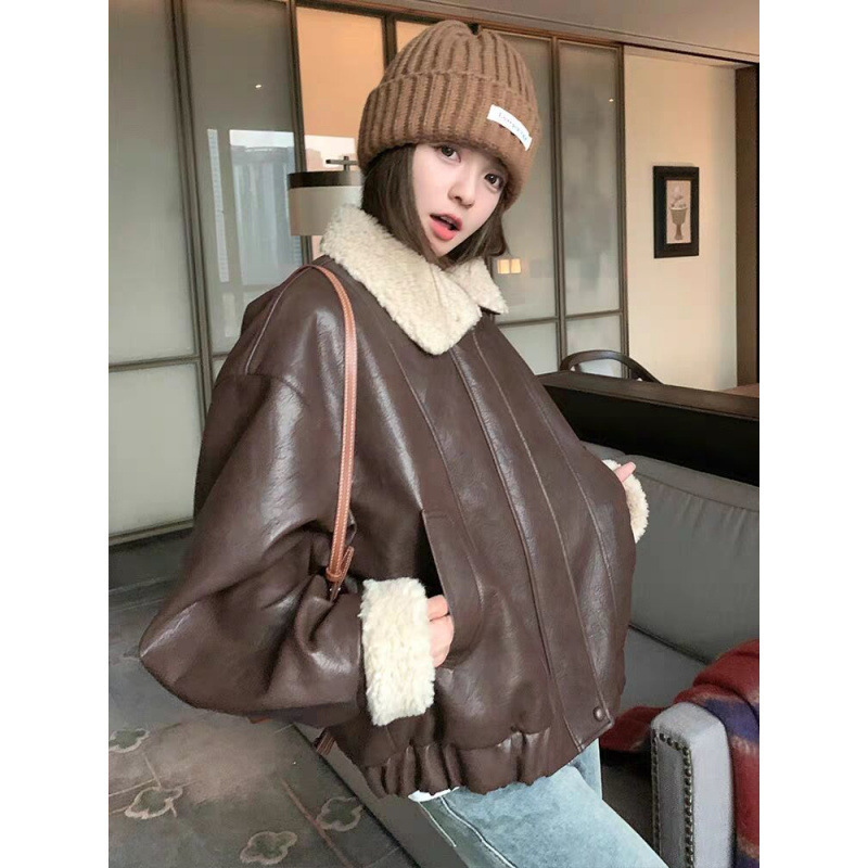 Maillard Retro Leather Jacket Fleece-Lined Thickeneded Short Lamb Wool Jacket Women's Winter 2025 New Loose Motorcycle Jacket