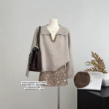 寺迈千金风套装女设计感重工编织翻领毛衣冬季亮片包臀裙半身裙两