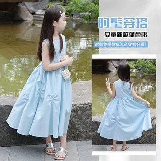 女童蓝色无袖连衣裙纯棉儿童装夏季韩版公主裙法式超仙女孩中长裙
