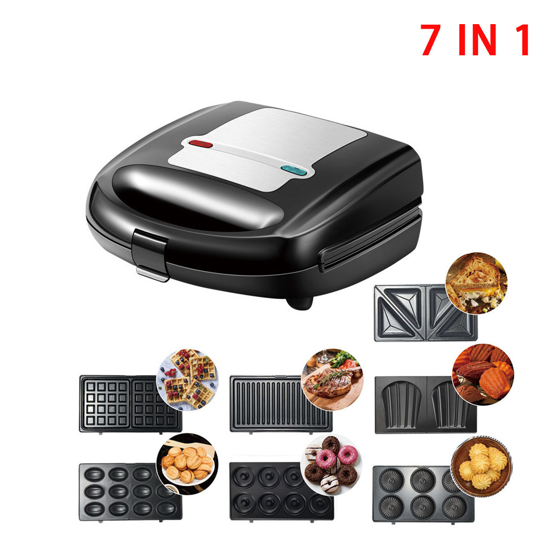 Hogar 7-en-1 sandwichera waffle máquina donut máquina tuerca máquina carne máquina pastel desayuno máquina 7in1
