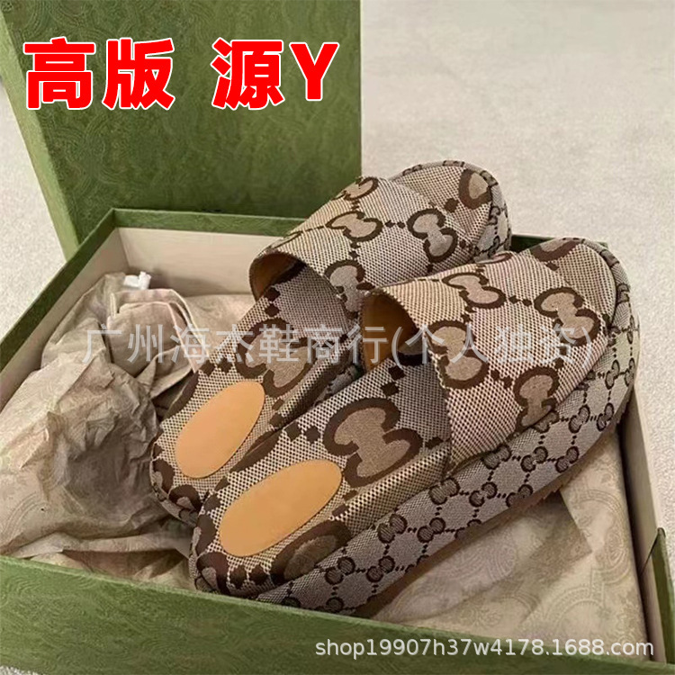 G's Thick-Soled Letter Slippers for Women Summer New Style Presbyopic Denim Canvas One-Word Casual Heightening Sandals for Outer Wear G's Thick-Soled Letter Slippers for Women Summer New Style Presbyopic Denim Canvas One-Word Casual Heightening Sandals for Outer Wear