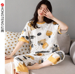 Summer Comfortable Pure Cotton Pajamas Women's Thin Student Short-sleeved Capri Pants suit Casual Simple Outwear Home Clothes