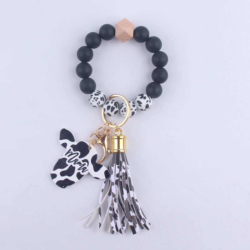 2023 cross-border special MAMA wood chip cow head western style keychain men's silicone bead bracelet Valentine's Day gift 2023 cross-border special MAMA wood chip cow head western style keychain men's silicone bead bracelet Valentine's Day gift