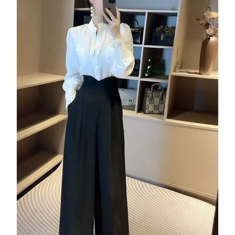 Осенне-зимний стиль 2024: модный простой комплект с рубашкой и брюками с высокой талией и широкими штанинами, элегантный костюм для профессиональных женщин