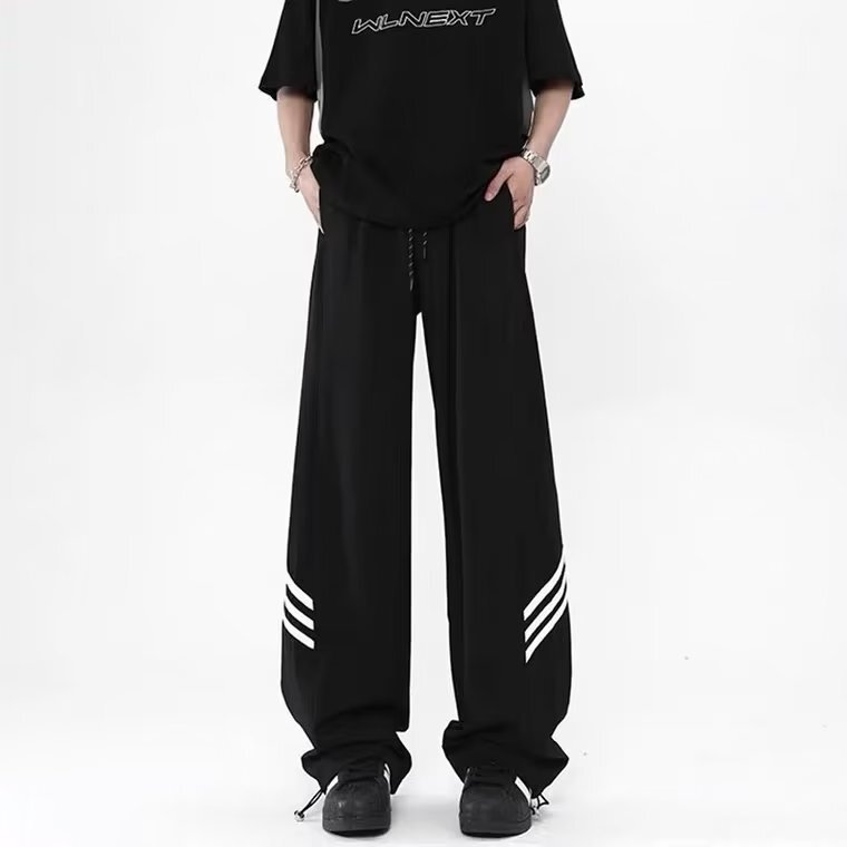 Ice Silk Pants Men's Summer Thin Loose Straight Barrel Stripe Design Drawstring Quick-drying Pants American Sports Casual Pants Ice Silk Pants Men's Summer Thin Loose Straight Barrel Stripe Design Drawstring Quick-drying Pants American Sports Casual Pants
