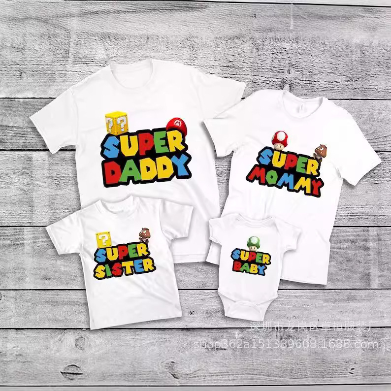 Trendy cartoon cute short sleeve men's parent-child wear class clothes T-shirt loose Korean style printed Super Mary T-shirt women