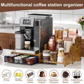 跨境木制咖啡站收纳盒3层糖浆架咖啡荚架带抽屉收纳盒K杯置物架