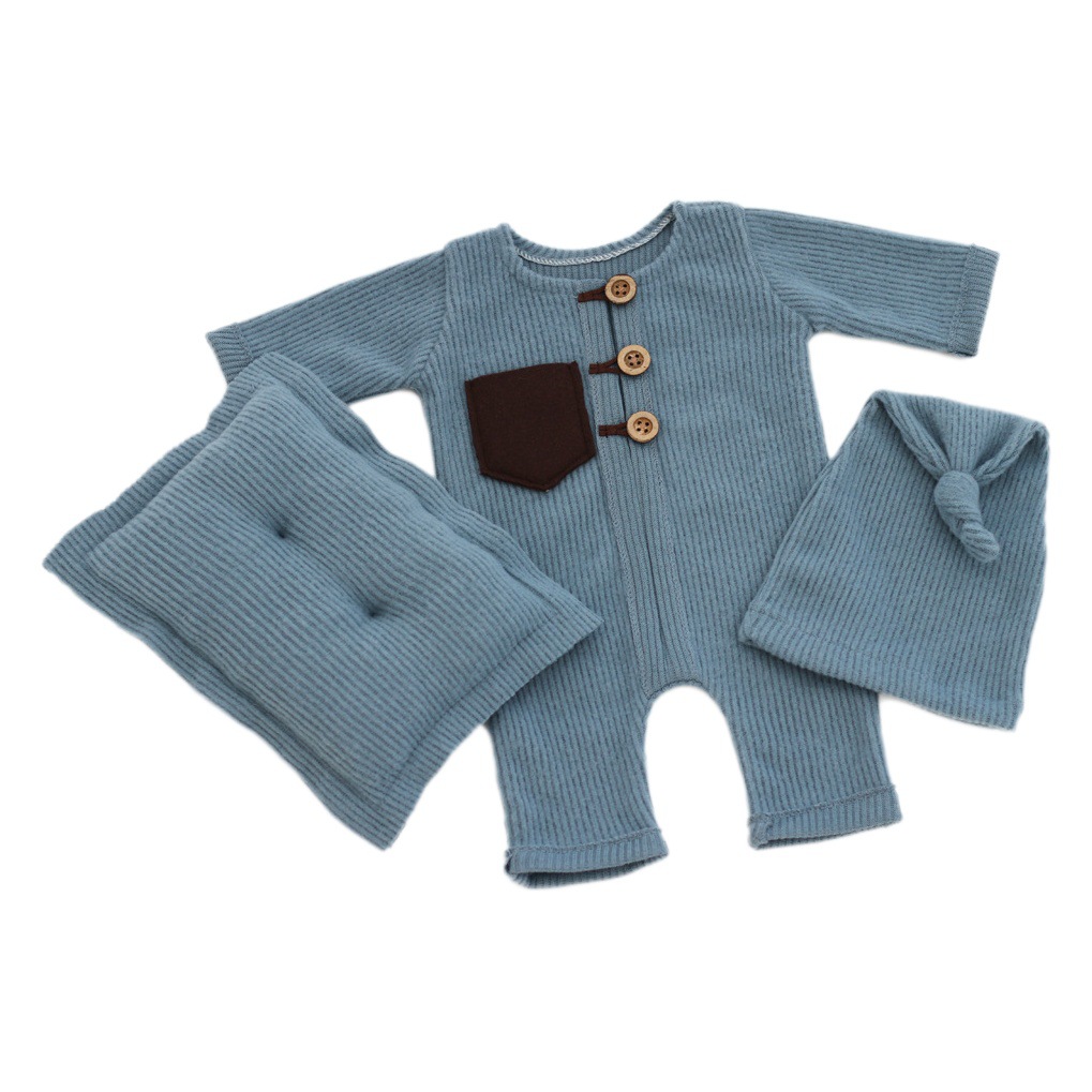 Transfronterizo nuevo recién nacido fotografía ropa bebé suave punto mono + sombrero + almohada traje de tres piezas