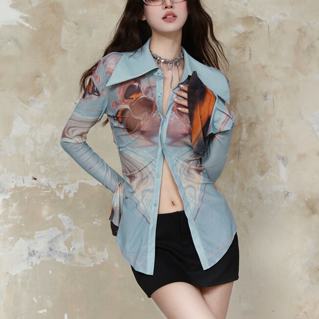 plus size Women's Clothing for Chubby Girls Contrast Color Printed Shirt Women's Early Autumn New Waist Slimming Stretch Mesh Top All-match