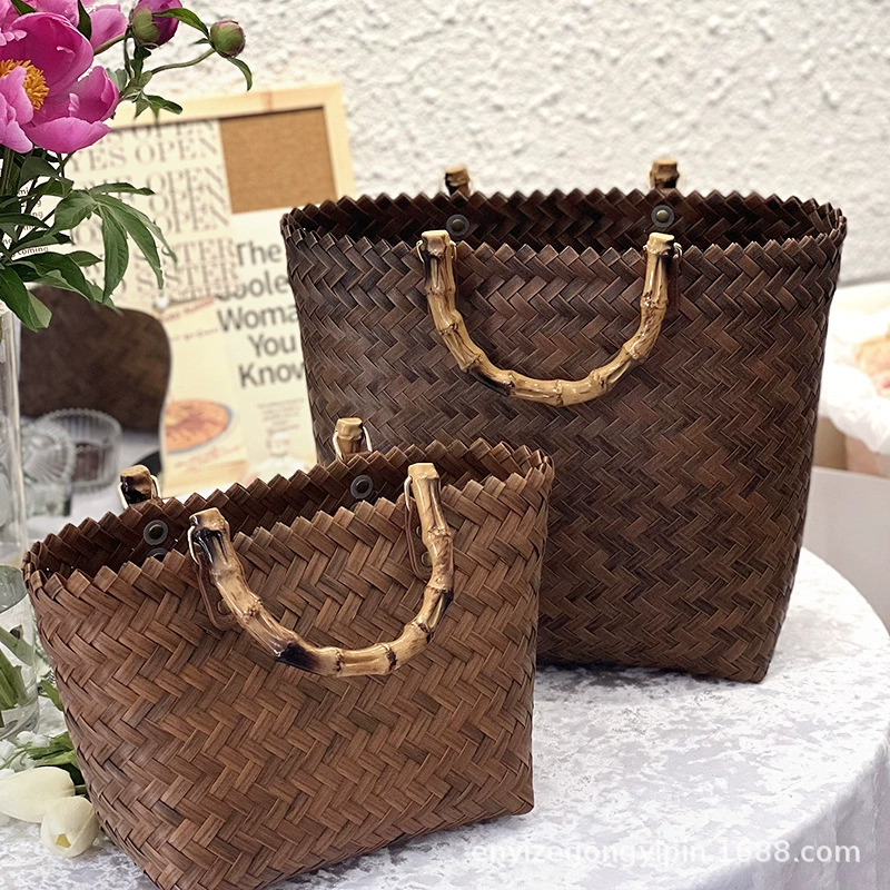 Straw bamboo woven retro beach basket, shoulder bag, custom-made, french style