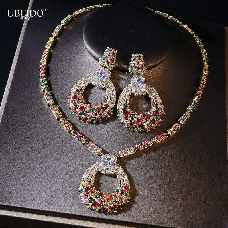 Saudi Arabian Luxurious Style Middle Eastern Bridal Jewelry Set, Necklace and Earrings with Zirconia, Elegant and Sophisticated Design