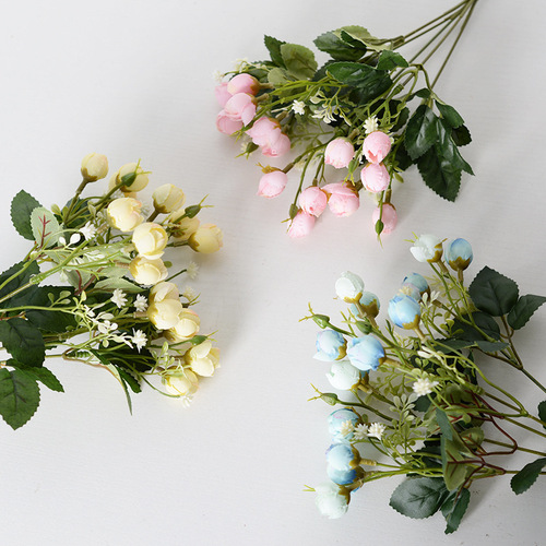 Simulated Rose Green Bud Bouquet, Artificial Flower Arrangement for Home, Hotel, Wedding Decor, Fake Flowers, Chrysanthemum