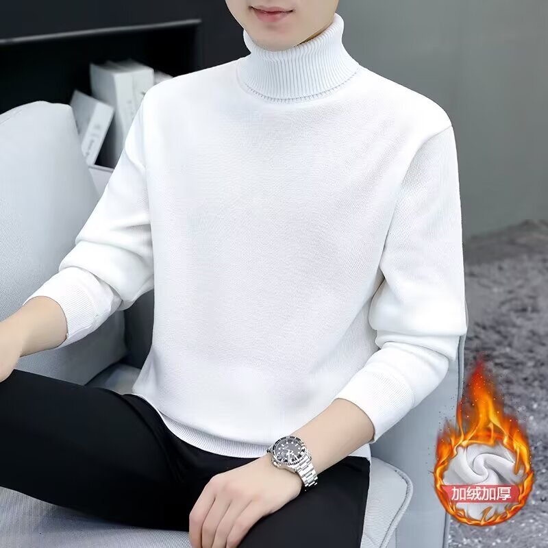 Men's Sweater Half Turtleneck Autumn and Winter Slim Fit Versatile Knitted Bottoming Shirt Pure Black Mid-Collar Trendyy Sweater