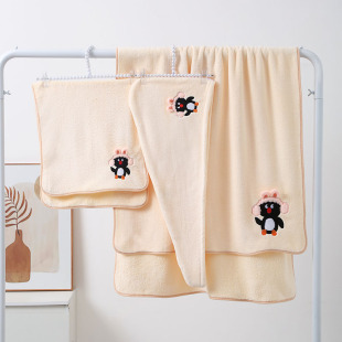 Factory wholesale penguin towel absorbent soft dry hair cap home bath adult bath towel coral fleece cartoon towel