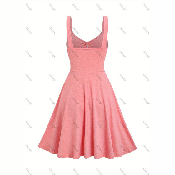 European and American Fashion Women's Fake Button Pleated Decorative Casual dress V-neck Sleeveless A- line Sling dress