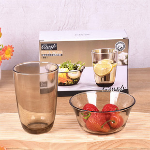Tea color color glass bowl Cup two-piece set household salad bowl suit gift Kangfu Cup Bowl Aishang two-piece set