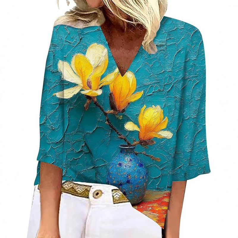Cross-border Amazon TEMU Spring and Autumn Hot-Selling Women's Clothing 3D Artistic Print V-Neck Pullover T-Shirt Casual 3/4 Sleeve Top Cross-border Amazon TEMU Spring and Autumn Hot-Selling Women's Clothing 3D Artistic Print V-Neck Pullover T-Shirt Casual 3/4 Sleeve Top