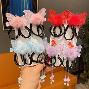 Hanfu fairy dress Butterfly fluffy hairpin for girls kids red ancient mink lace wig tire children to clamp butterfly hanfu tassel hair clips of the girls