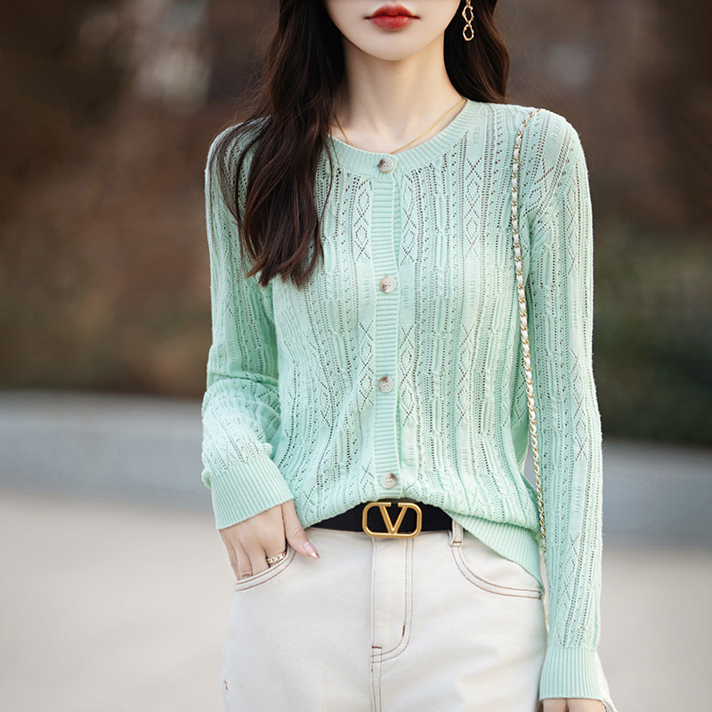 Hollow-Out Knitted Cardigan for Women, Spring 2026 New Fashion Stylish Outerwear Shawl, All-Cotton Slimming Jacket