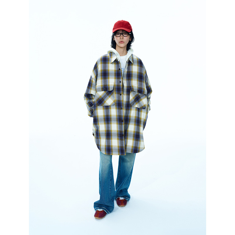 [Time-Sensitive] New Product Wool-Blend Plaid Single-Breasted Lapel Large Pocket Oversized Cotton Coat V9128