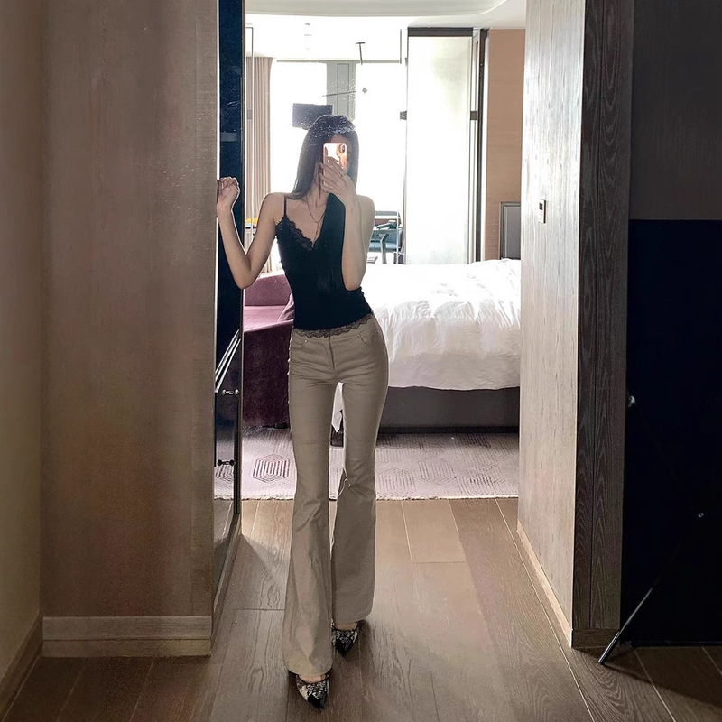 He Chenxi American Style Vintage khaki Micro-blared Jeans Women's Spring High Waist Slimming Straight Pants