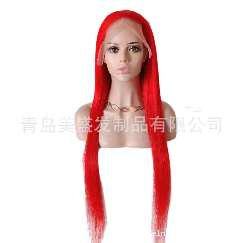 Real hair color 13*4 front lace headgear can be hot dyed full hand hook foreign trade Europe and the United States China red long straight hair headgear