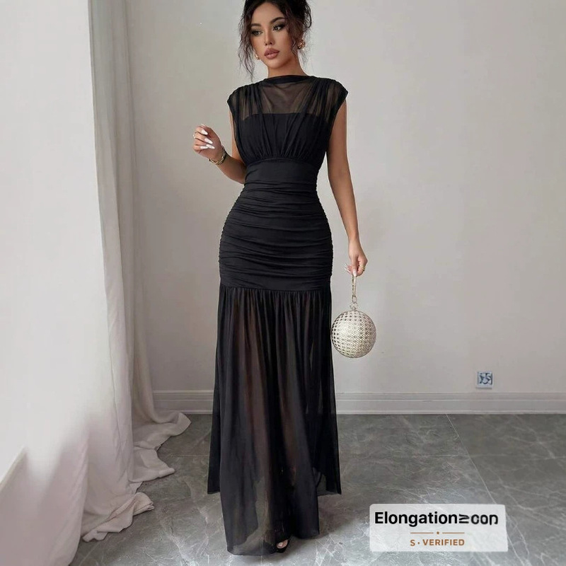 Cross-border 2026 new European and American women's fashion sexy socialite style waist-cinching fitted mesh patchwork bodycon long dress Cross-border 2026 new European and American women's fashion sexy socialite style waist-cinching fitted mesh patchwork bodycon long dress