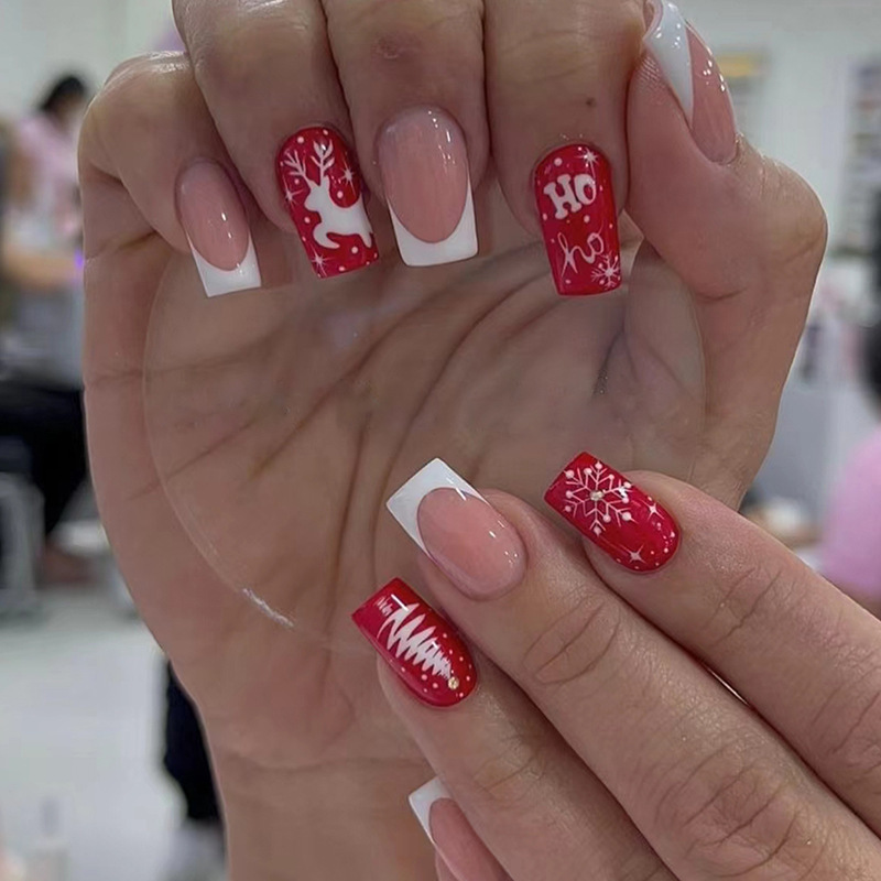 Square mid-length red Christmas manicure snowflake wearable nail stickers French sweet wearable nail factory wholesale