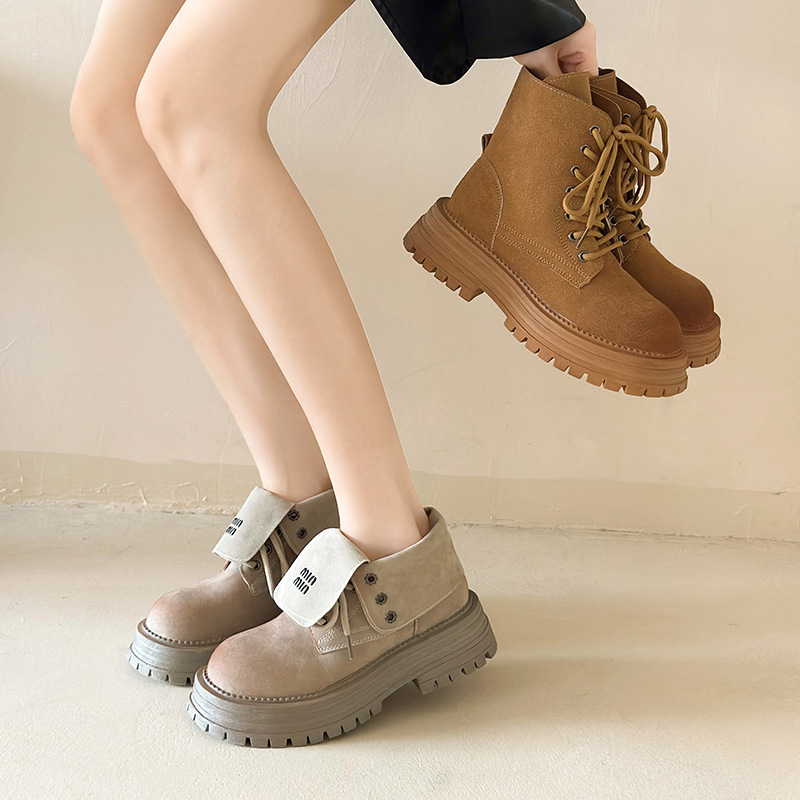 British Style Letter Flip-Top Martin Boots for Women 2025 Autumn and Winter New Retro Color Polished Thick-Soled Heightening Two-Wear Rhubarb Boots