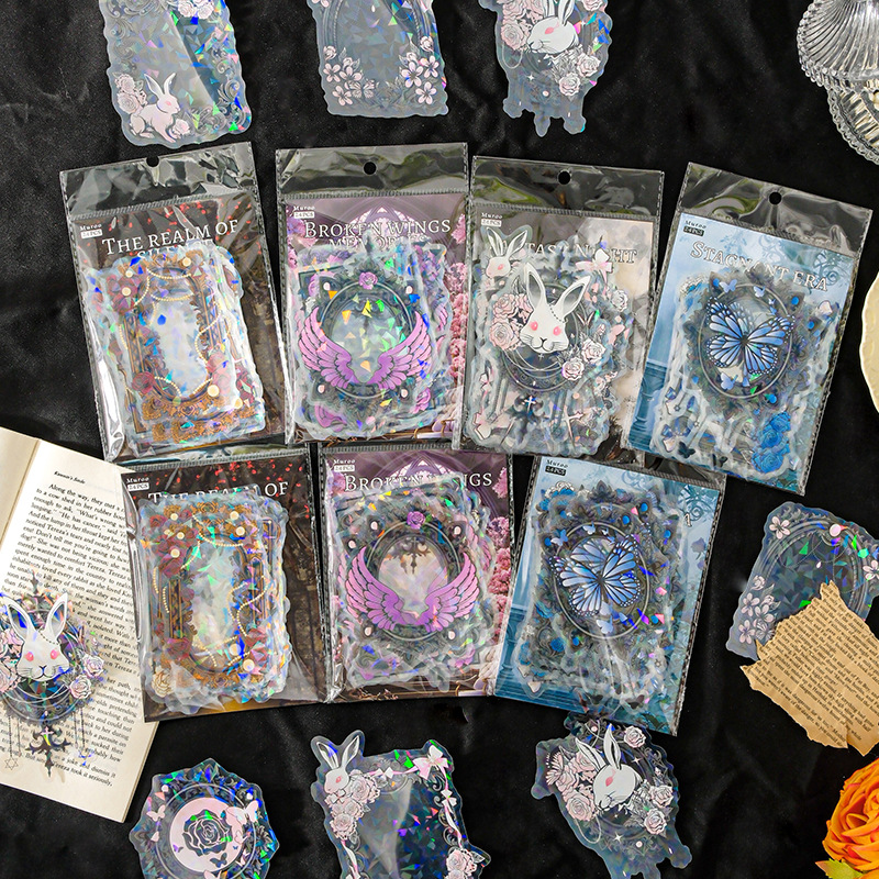 Paquete de pegatinas de luz láser de Mu Ran, serie clásica, tema de marco floral, pegatinas decorativas de material de cuenta manual