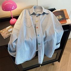 复古条纹衬衫女2025秋设计感polo领长袖上衣外搭开衫衬衣外套