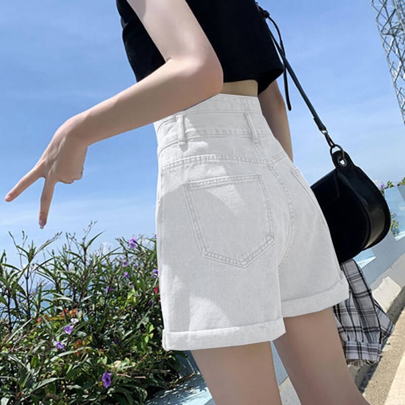 White Versatile Super High Waist Denim Shorts Women's 2022 Summer New Loose A- Shaped Pants with Curl Slimming Hot Pants Ins Trendy