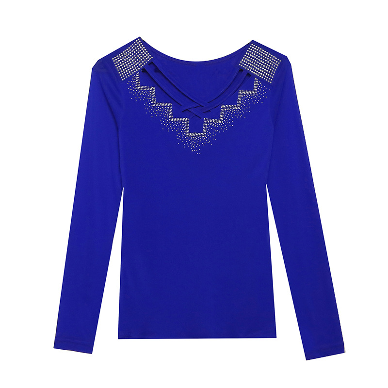 Blusa de Malla de Manga Larga para Mujer de Acrílico con Cuello en V y Pedrería para Uso Diario