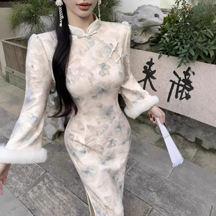 Autumn and Winter Gentle Elegant Thick Cheongsam with Big Sleeves Thick Blue Tea