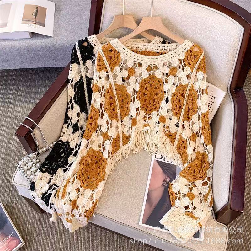 European-Style Crochet Hollow-Out Knit Top, Loose and Slimming Thin Blouse for Women, with a Unique Design and Tassel Long Sleeves