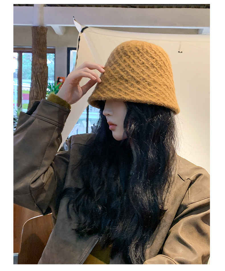 Outono e inverno novo chapéu de pescador feminino malha lã balde chapéu cor sólida simples placa de luz mostrar rosto pequeno_voghion.com