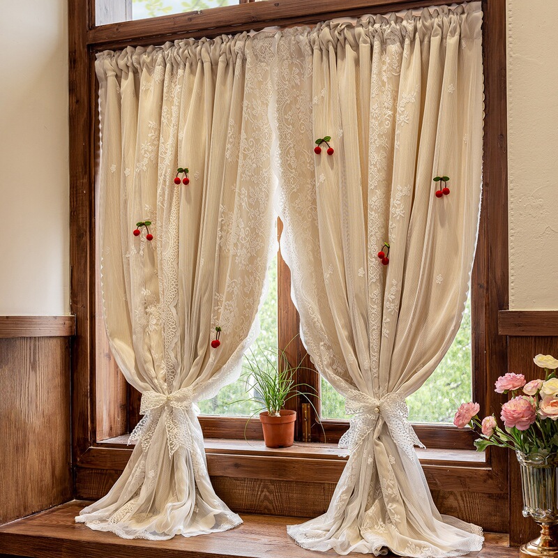 French-Style Cream-Colored Double-Layer Blackout Curtains for Bedroom, Ins-Style Children's Room, Princess Bay Window Lace Door Curtain, No Drilling Required