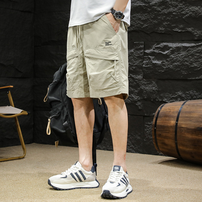2025 Summer Thin Quick-Dry Cargo Shorts Men's Trendy Brand Multi-Pocket Loose Straight Beach Shorts