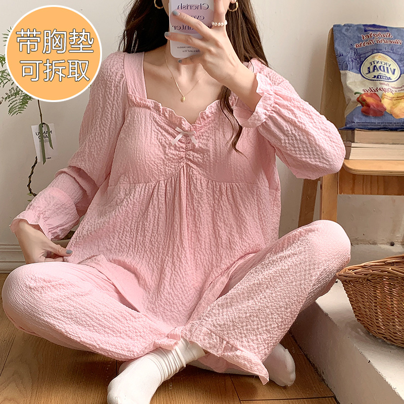 Sweet girl pink pijamas mujer tejido crepe v-cuello de algodón más tamaño de manga larga otoño e invierno ropa para el hogar con el pecho pad traje